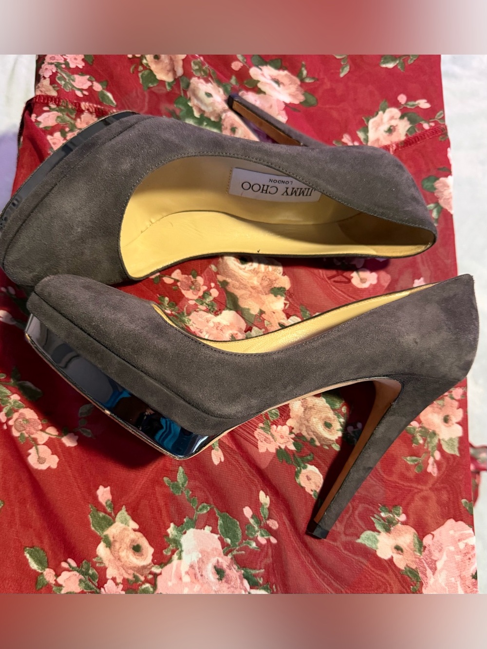 Jimmy Choo Charcoal Suede Stiletto Pumps with Metallic Platform